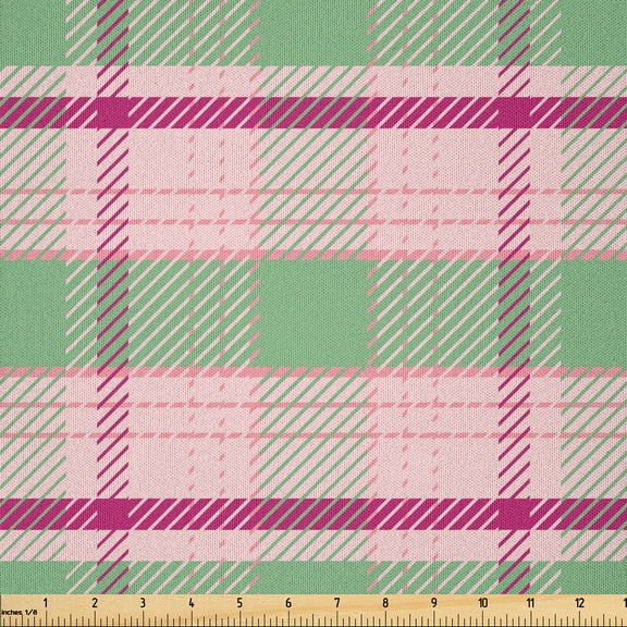 Ambesonne Geometric Fabric by the Yard Microfiber, Symmetric Plaid Graphic, 2 Yards, Pistachio Green Pale Pink