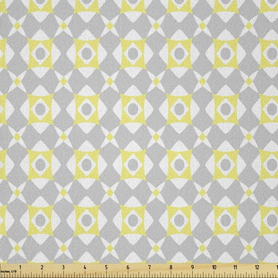 Ambesonne Geometric Fabric by the Yard Microfiber, Tile Style Squares, 2 Yards, Pale Yellow Pale Grey