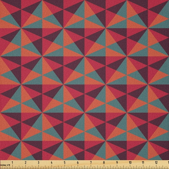 Ambesonne Geometric Fabric by the Yard Microfiber, Triangles Mosaic, 3 Yards, Reseda Green Ruby Red