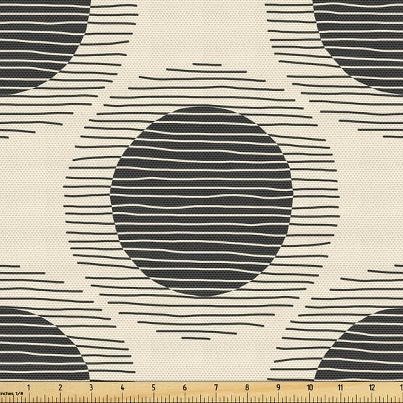 Ambesonne Geometric Fabric by the Yard Upholstery, Simple Art Rounds Stripes, 2 Yards, Eggshell and Charcoal Grey