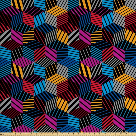 Ambesonne Geometric Fabric by the Yard Upholstery, 3D Cube Stripes Style, 2 Yards, Multicolor