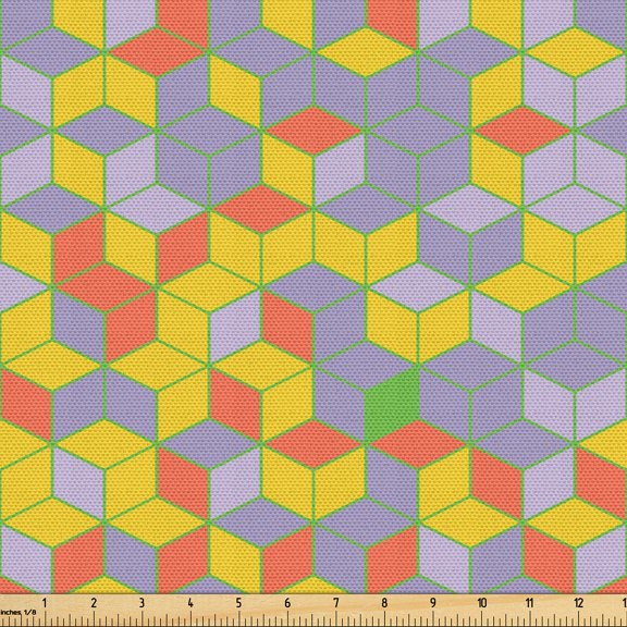Ambesonne Geometric Fabric by the Yard Upholstery, Abstract Colorful Cubes, 1 Yard, Earth Yellow and Lavender