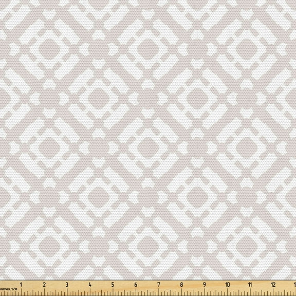 Ambesonne Geometric Fabric by the Yard Upholstery, Abstract Grid Circles, 1 Yard, Pale Eggshell and White