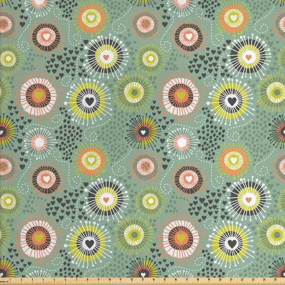 Ambesonne Geometric Fabric by the Yard Upholstery, Abstract Hearts and Dots, 3 Yards, Multicolor