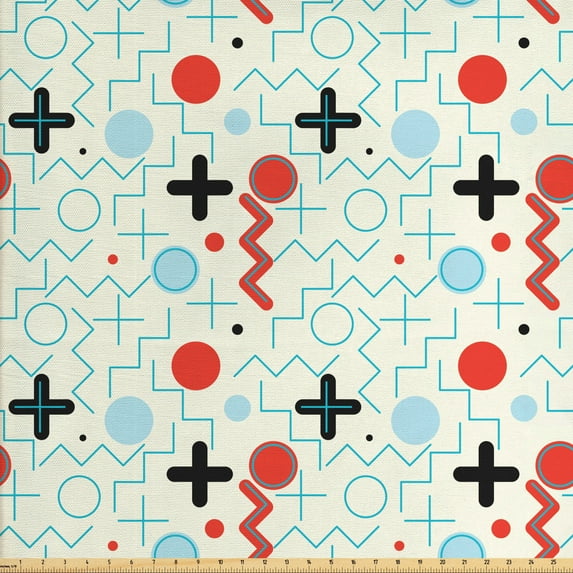 Ambesonne Geometric Fabric by the Yard Upholstery, Circle Zig Zag Waves, 3 Yards, Pale Blue Cream Red