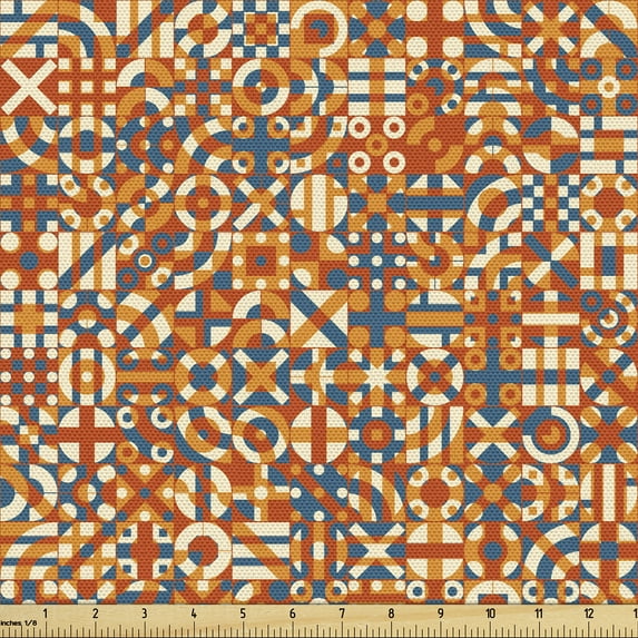 Ambesonne Geometric Fabric by the Yard Upholstery, Circles Blocks Stripes, 2 Yards, Vermilion Sea Blue