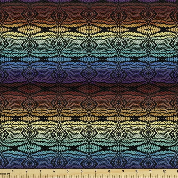 Ambesonne Geometric Fabric by the Yard Upholstery, Colorful Tribal Ornament, 2 Yards, Dark Cocoa Blue Apricot