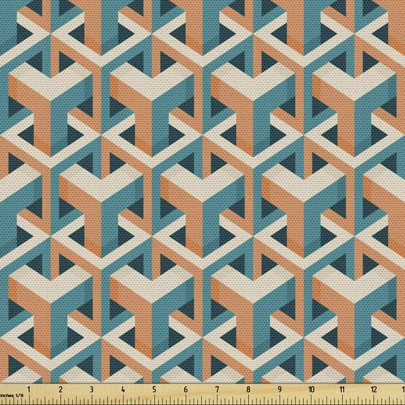 Ambesonne Geometric Fabric by the Yard Upholstery, Eye Illusion Cube 3D Art, 5 Yards, Pale Mustard and Teal