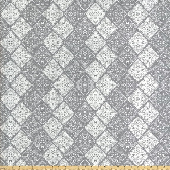 Ambesonne Geometric Fabric by the Yard Upholstery, Greyscale Flowers, 2 Yards, Pale Grey White