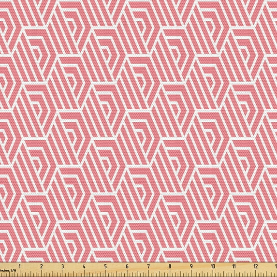 Ambesonne Geometric Fabric by the Yard Upholstery, Hexagons Stripes Lines, 1 Yard, Pastel Pink White