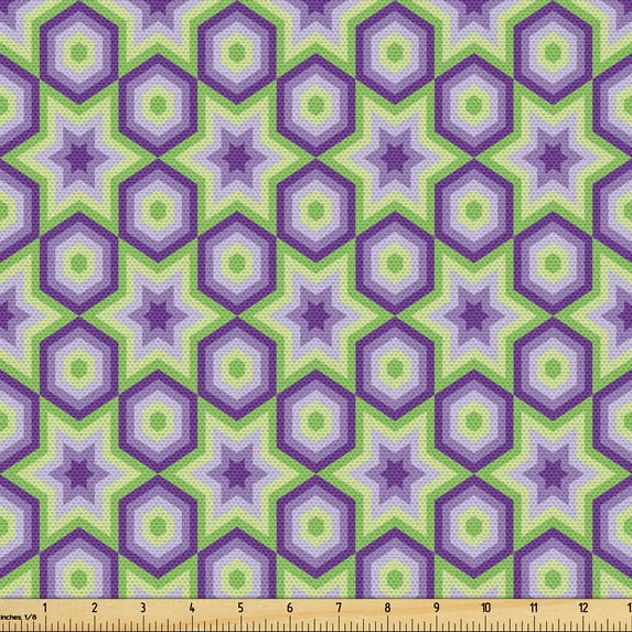 Ambesonne Geometric Fabric by the Yard Upholstery, Hexagons and Stars Art, 2 Yards, Pale Purple and Lime Green
