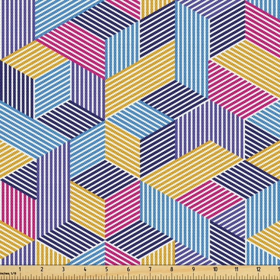 Ambesonne Geometric Fabric by the Yard Upholstery, Isometric Striped Cubes, 10 Yards, Earth Yellow and Azure Blue