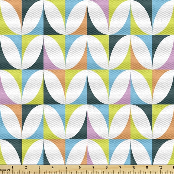 Ambesonne Geometric Fabric by the Yard Upholstery, Leaf-Life Shapes Colorful, 1 Yard, Yellow Green Lilac and Blue