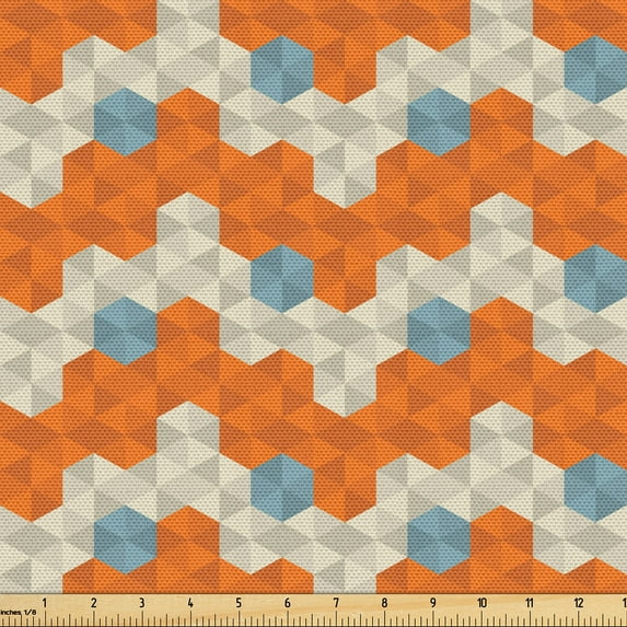 Ambesonne Geometric Fabric by the Yard Upholstery, Minimalist Hexagons Plot, 1 Yard, Dark Orange and Pale Teal