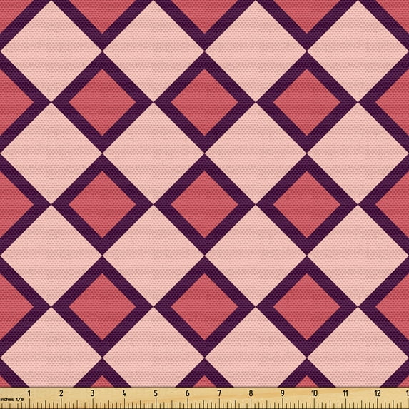 Ambesonne Geometric Fabric by the Yard Upholstery, Plaid Like Square Pattern, 1 Yard, Blush Dark Coral Plum