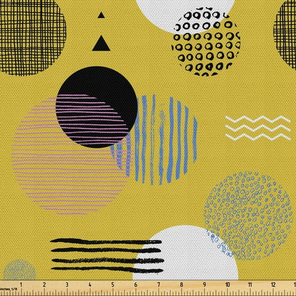 Ambesonne Geometric Fabric by the Yard Upholstery, Pop Art Round Shape Print, 2 Yards, Pale Earth Yellow and Fuchsia