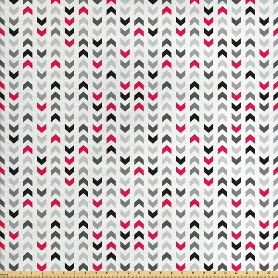 Ambesonne Geometric Fabric by the Yard Upholstery, Red Zig Zags Chevron, 5 Yards, Hot Pink Grey White