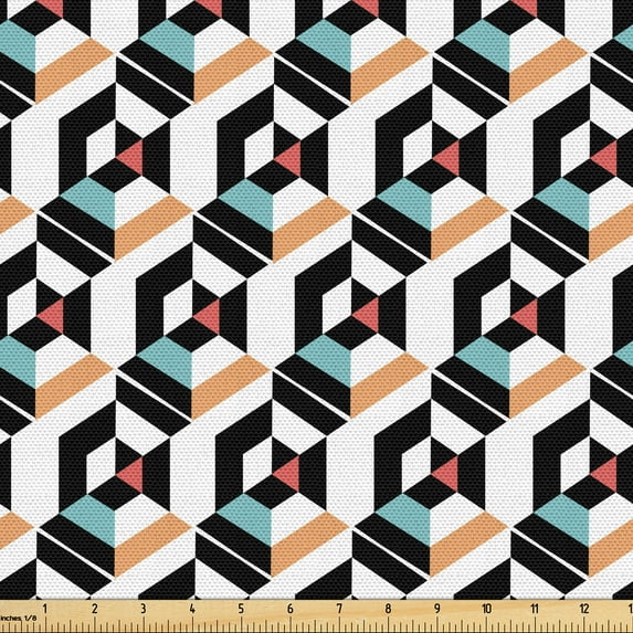 Ambesonne Geometric Fabric by the Yard Upholstery, Retro Art Hexagon Shapes, 1 Yard, Sand Brown Seafoam White