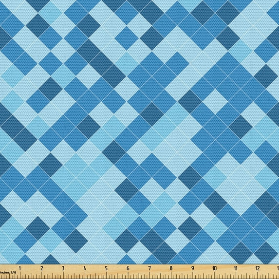 Ambesonne Geometric Fabric by the Yard Upholstery, Squares Sea and Sky Tones, 3 Yards, Dark Blue