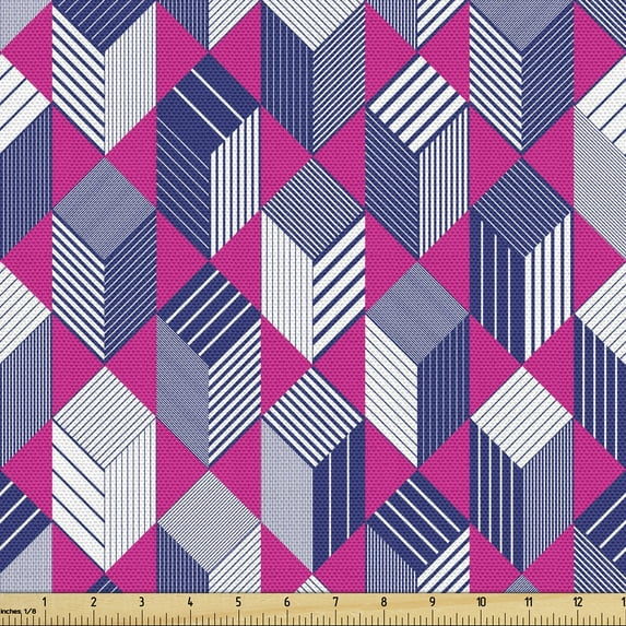 Ambesonne Geometric Fabric by the Yard Upholstery, Striped 3D Cubes Pattern, 1 Yard, Hot Pink and Dark Blue