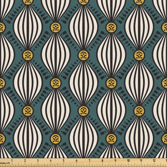 Ambesonne Geometric Fabric by the Yard Upholstery, Swirly-Striped Oval Shape, 1 Yard, Grey Teal White and Amber