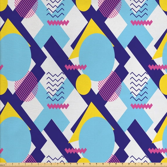 Ambesonne Geometric Fabric by the Yard Upholstery, Various Colorful Shapes, 2 Yards, Indigo Pink Yellow