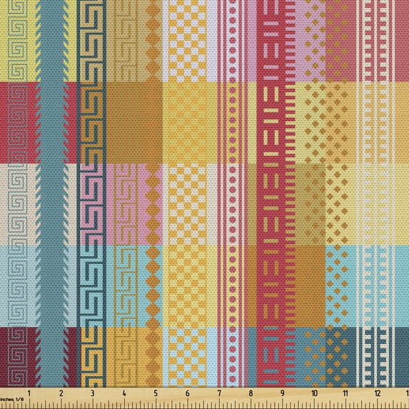 Ambesonne Geometric Fabric by the Yard Upholstery, Vertical Squares Lines, 1 Yard, Pale Orange Teal and Blue
