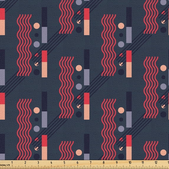 Ambesonne Geometric Fabric by the Yard Upholstery, Wavy Stripes Rectangles, 5 Yards, Dark Coral and Slate Blue