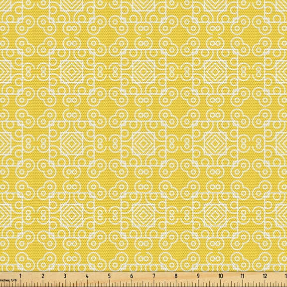 Ambesonne Geometric Fabric by the Yard Upholstery, White Lines Squares Art, 1 Yard, Mustard Orange Yellow