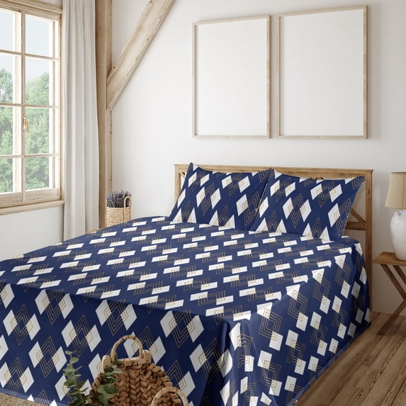 Ambesonne Geometric Fitted & Flat Sheet with Sham 3 Pcs Set, Rhombus Shapes Modern Art, Twin, Dark Blue Earth Yellow