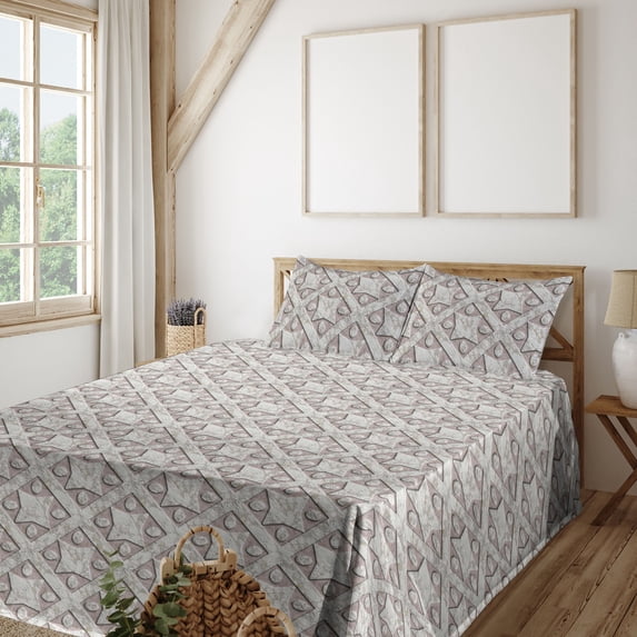 Ambesonne Geometric Fitted & Flat Sheet with Sham 3 Pcs Set, Stone Print Ethnic Boho, Twin, Pale Pink Eggshell