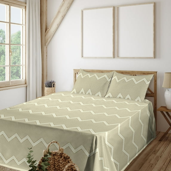 Ambesonne Geometric Fitted & Flat Sheet with Shams 4 Pcs Set, Chevron Zigzags Art Lines, Full, Pale Khaki Cream