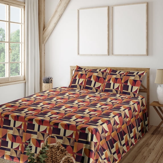 Ambesonne Geometric Fitted & Flat Sheet with Shams 4 Pcs Set, Modern Square Triangle, Calking, Eggshell Plum and Marigold