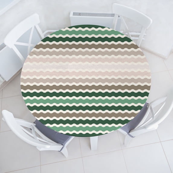 Ambesonne Geometric Fitted Round Tablecloth, Abstract Wave Pattern Art, 40"- 44" Diameter, Dried Rose and Jade Green
