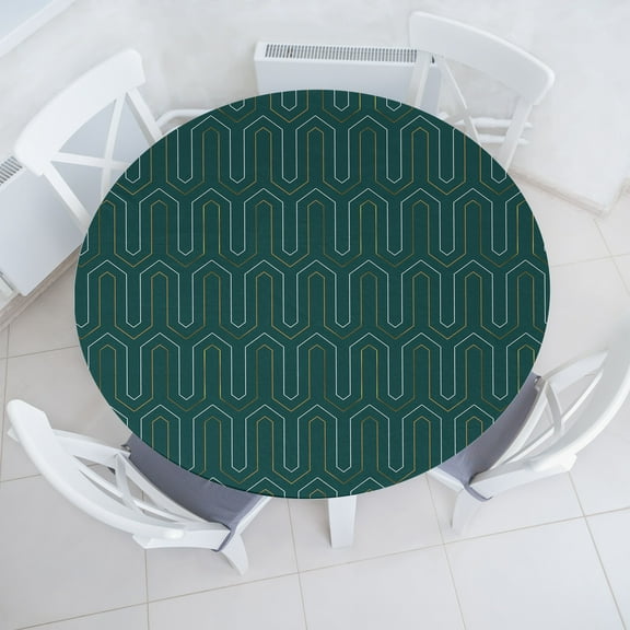 Ambesonne Geometric Fitted Round Tablecloth, Abstract Waving Shapes, 40"- 44" Diameter, Hunter Green Earth Yellow
