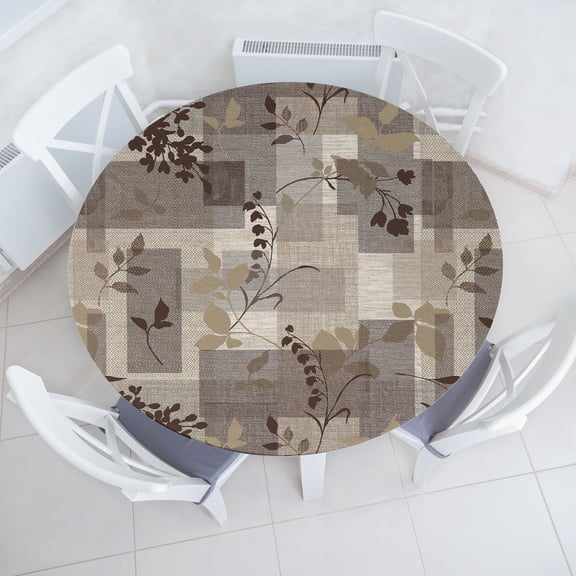 Ambesonne Geometric Fitted Round Tablecloth, Floral Pattern Shapes Art, 36"- 40" Diameter, Cocoa Dark Cocoa Beige
