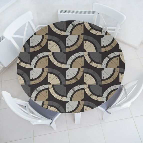 Ambesonne Geometric Fitted Round Tablecloth, Minimalist Round Shapes, 56"- 60" Diameter, Taupe Grey and Pale Sepia