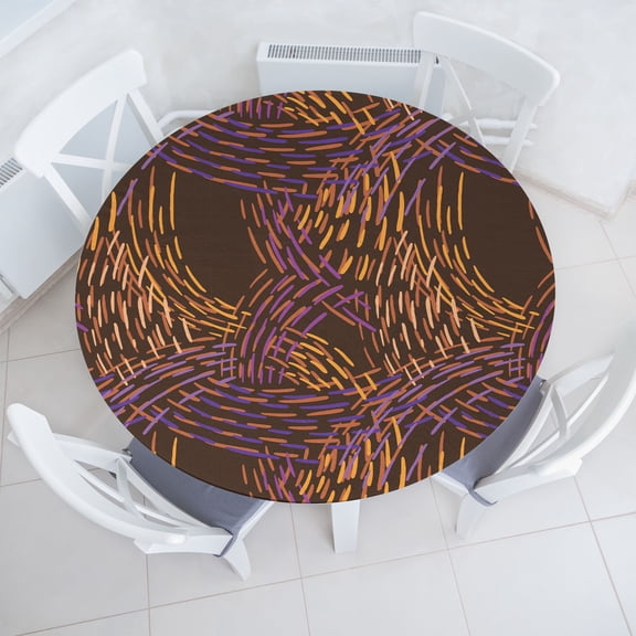 Ambesonne Geometric Fitted Round Tablecloth, Retro Groovy Dash Lines, 40"- 44" Diameter, Fuchsia Pale Earth Yellow