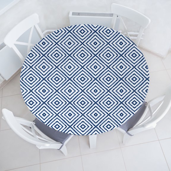 Ambesonne Geometric Fitted Round Tablecloth, Rhombus Shape Pattern, 36"- 40" Diameter, Pale Azure Blue and Dark Blue
