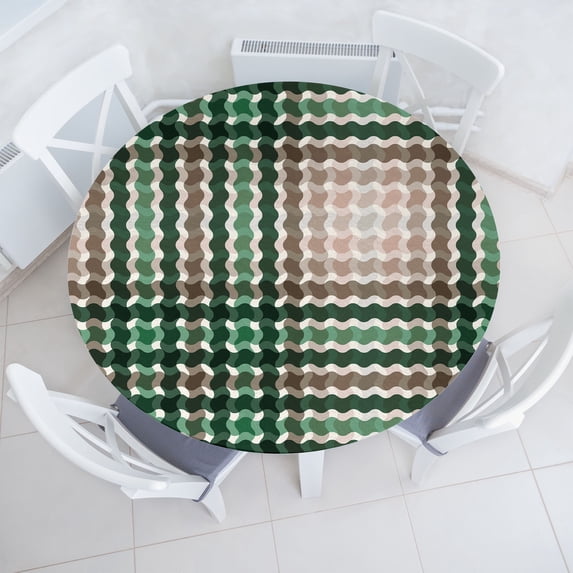Ambesonne Geometric Fitted Round Tablecloth, Wave Pattern Cottagecore, 56"- 60" Diameter, Jade Green Pale Salmon