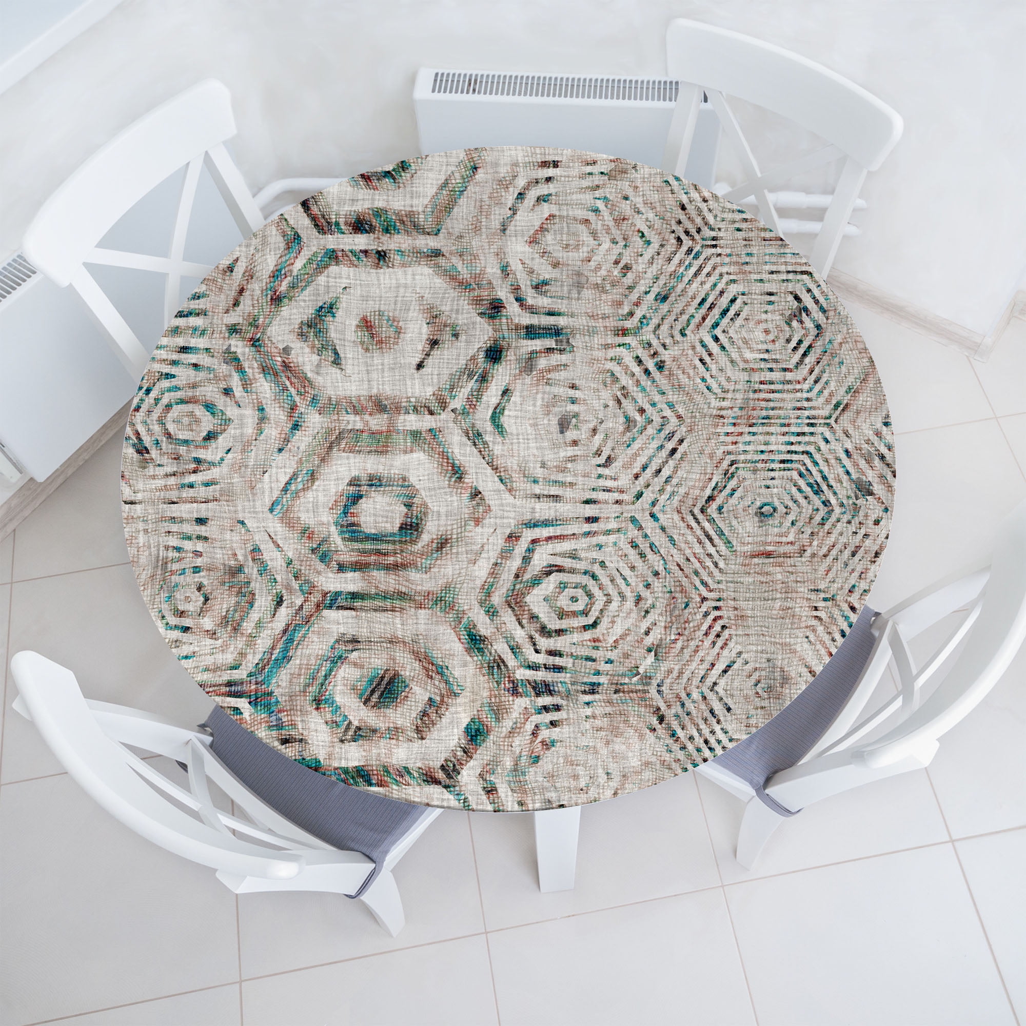 Ambesonne Geometric Fitted Round Tablecloth, Weathered Look Grunge Art