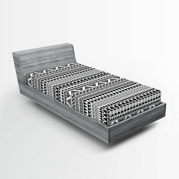 Ambesonne Geometric Fitted Sheet 2 Pcs Set, Aztec Inspired Shapes, Twin, Charcoal Grey White