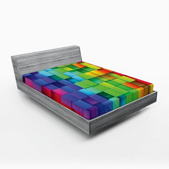 Ambesonne Geometric Fitted Sheet 2 Pcs Set, Rainbow Color, Queen, Multicolor