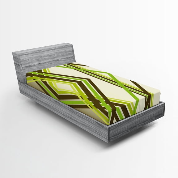 Ambesonne Geometric Fitted Sheet 2 Pcs Set, Trippy Diamond Shapes, Twin, Lime Green Army Green