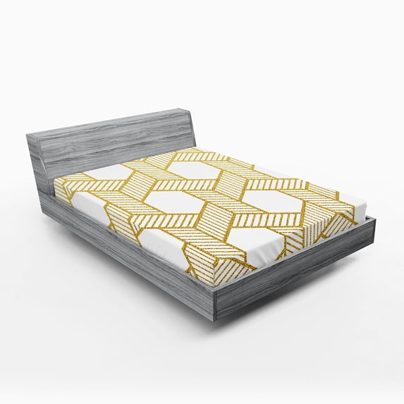 Ambesonne Geometric Fitted Sheet, Entangled Stripes, Queen Size, Yellow and White