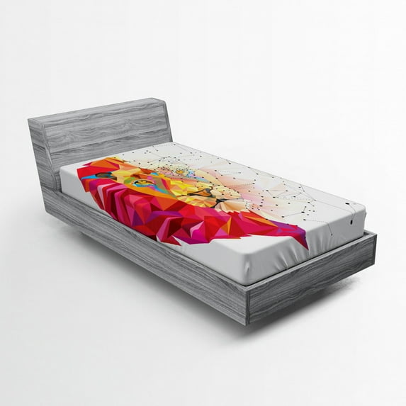 Ambesonne Geometric Fitted Sheet, Lion Head, Twin Size, White Pink Orange