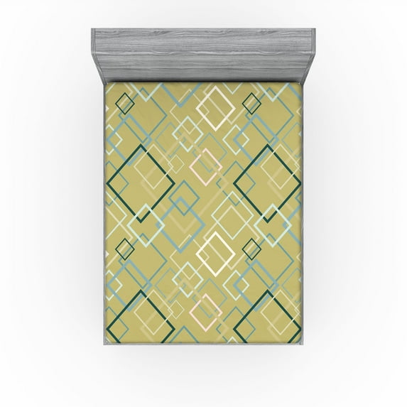 Ambesonne Geometric Fitted Sheet, Pattern Abstract Squares, Queen Size, Khaki Blue Grey Pale Rose
