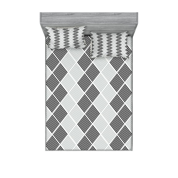 Ambesonne Geometric Fitted Sheet & Pillow Sham Set, Abstract Symmetric Lines, Full, Pale Grey White Black