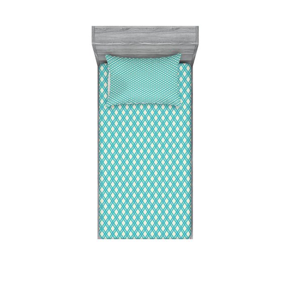 Ambesonne Geometric Fitted Sheet & Pillow Sham Set, Aqua Checked Tile, Twin, Turquoise Ivory