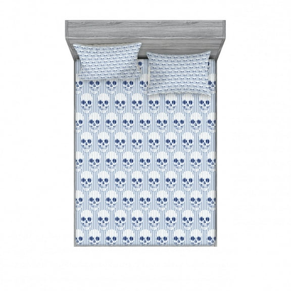Ambesonne Geometric Fitted Sheet & Pillow Sham Set, Blue Skulls Optical, Queen, Navy Blue White